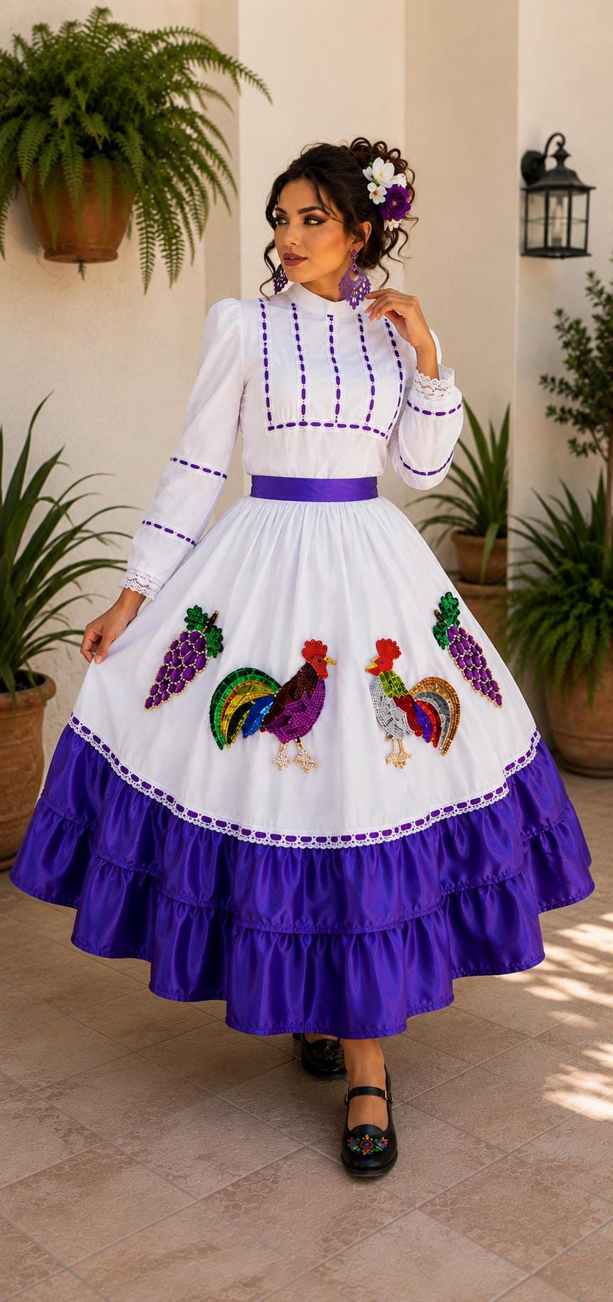 Image of Aguascalientes Folklorico Dress Small, Mexican Folk Dance Costume, Rooster Sequin Dress, Quinceañera Pageant Cultural Outfit