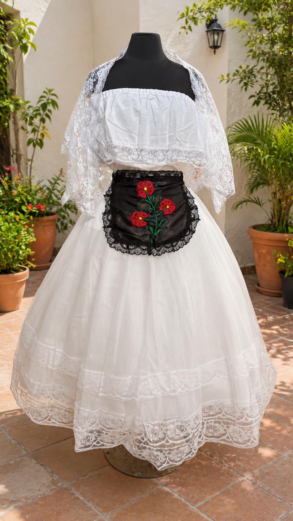 Image of Veracruz Folklorico Dress 4 Piece Mexican Folk Dance Outfit, White Jarocha Costume, Embroidered Apron, Cultural Festival Attire