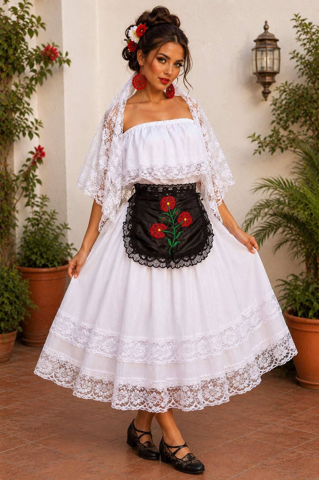Image of Veracruz Folklorico Dress 4 Piece Mexican Folk Dance Outfit, White Jarocha Costume, Embroidered Apron, Cultural Festival Attire