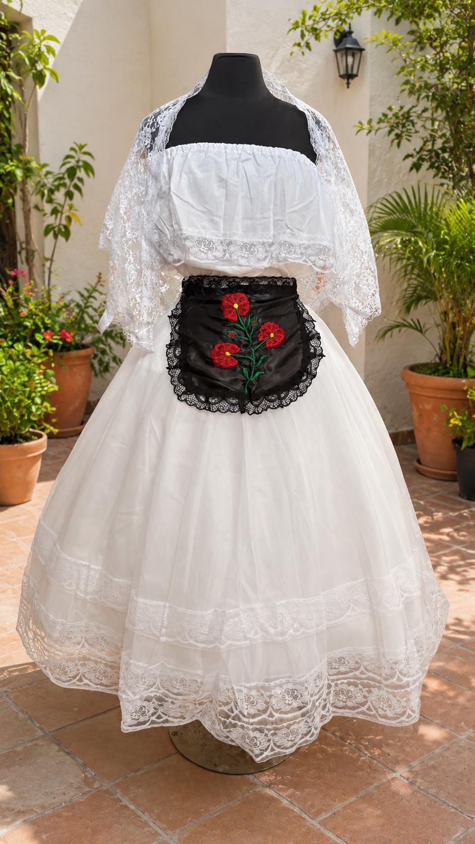 Image of Girls Veracruzano, 4 Piece Mexican Folk Dance Outfit, White Jarocha Costume, Embroidered Apron, Cultural Festival Attire for Girls