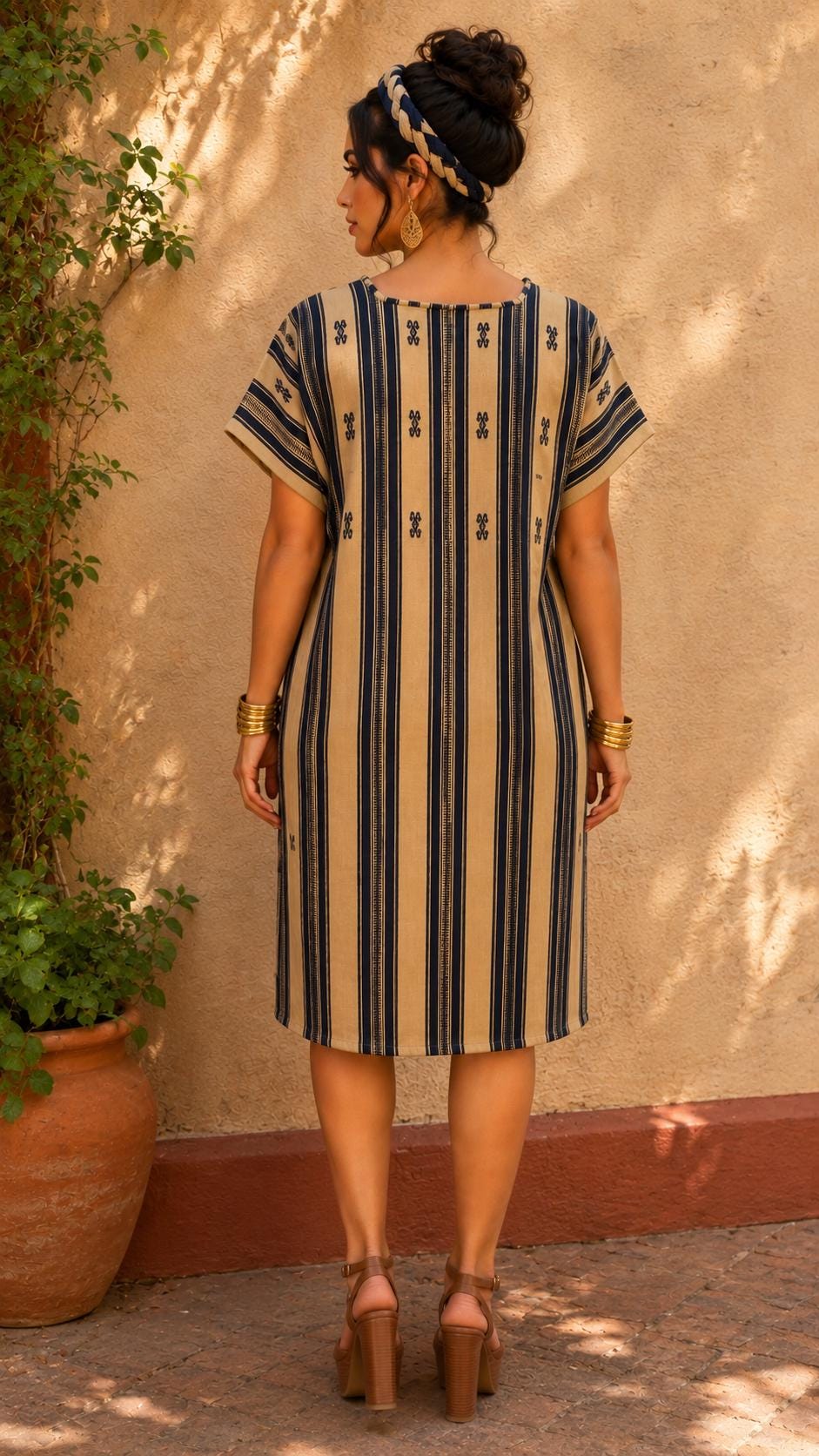 Image of Handmade Oaxaca Huipil Dress | Khaki & Navy blue colors Artisan Mexican Tunic, Boho Resort Wear