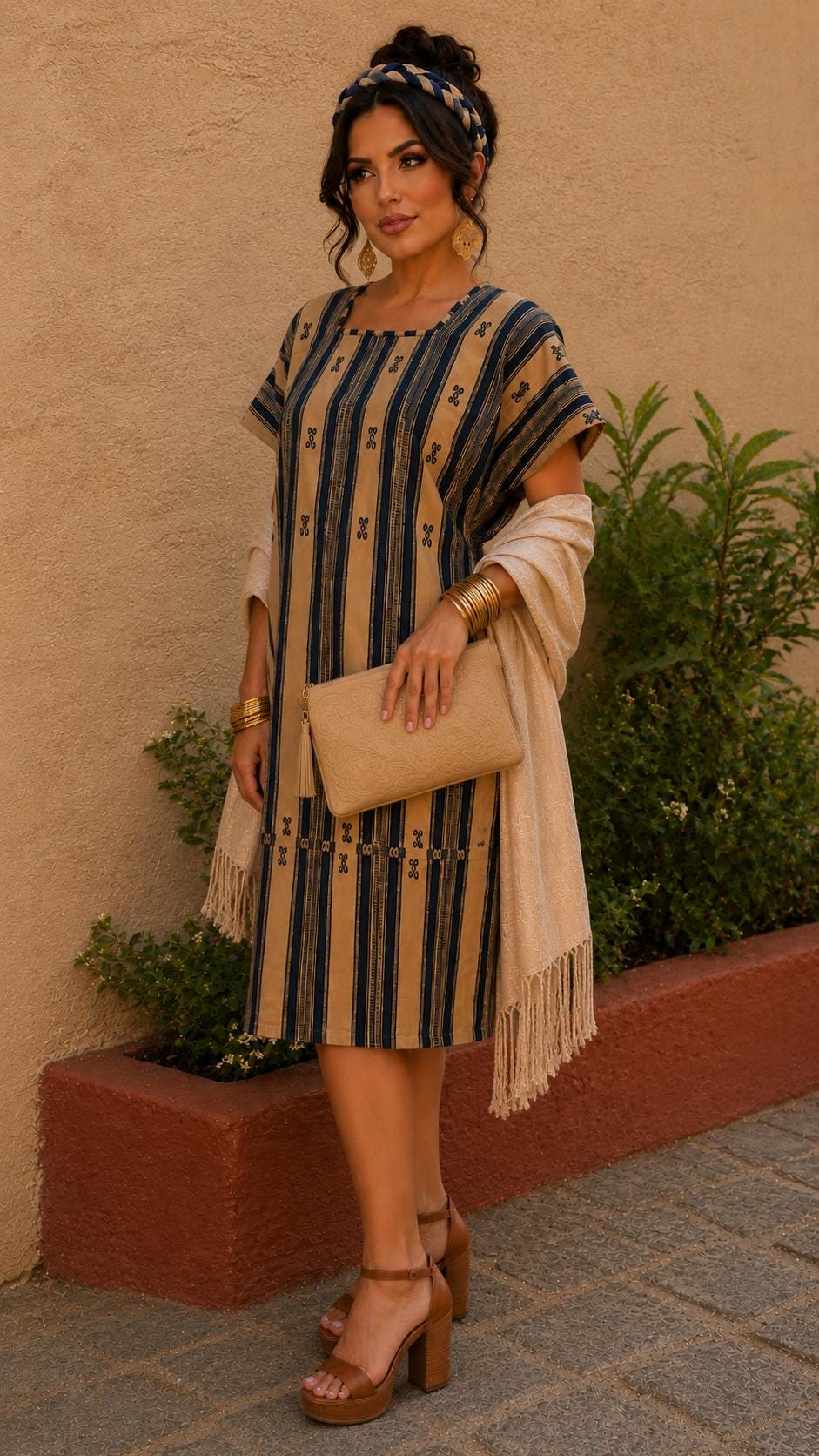 Image of Handmade Oaxaca Huipil Dress | Khaki & Navy blue colors Artisan Mexican Tunic, Boho Resort Wear