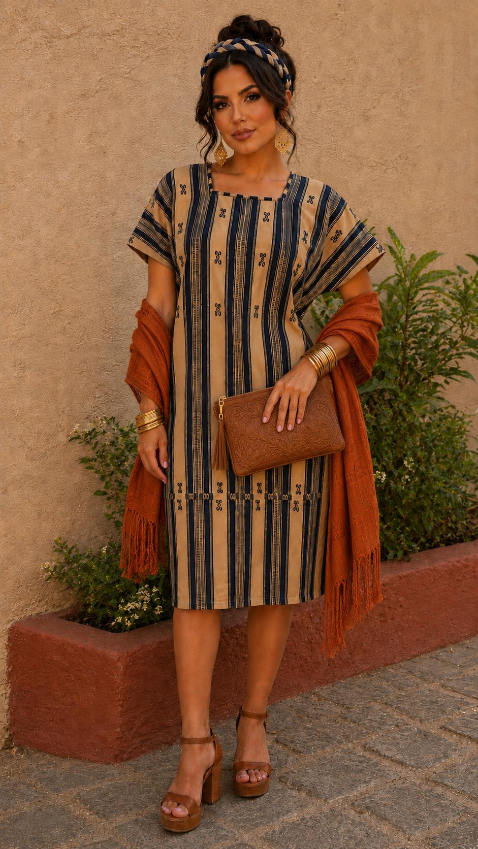 Image of Handmade Oaxaca Huipil Dress | Khaki & Navy blue colors Artisan Mexican Tunic, Boho Resort Wear
