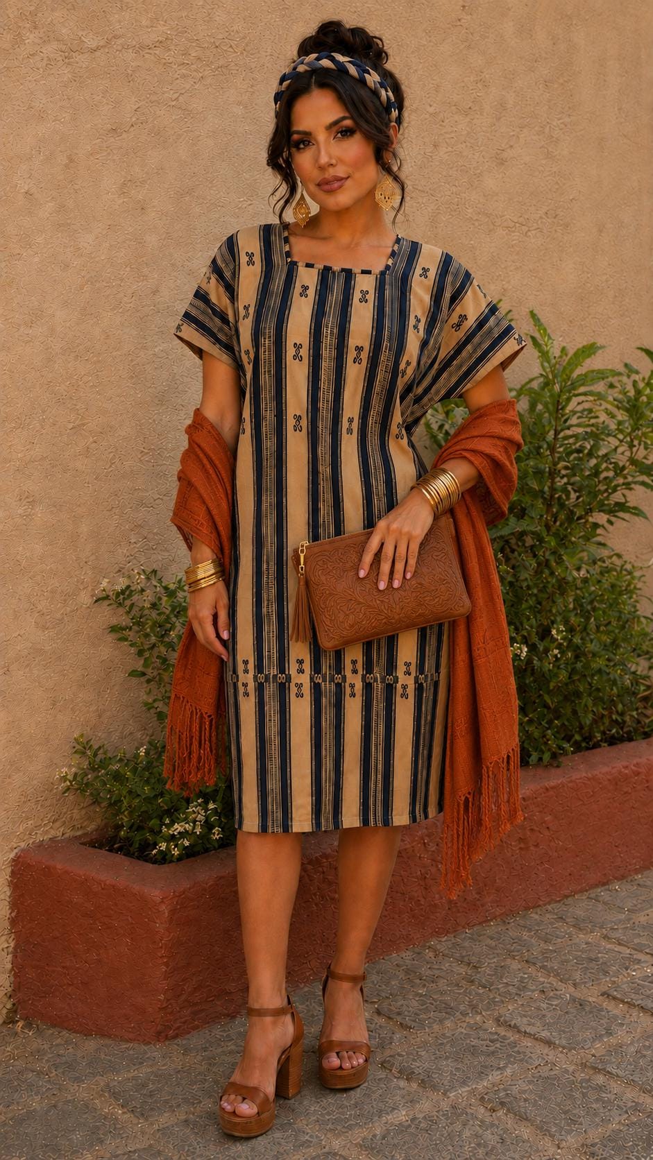 Image of Handmade Oaxaca Huipil Dress | Khaki & Navy blue colors Artisan Mexican Tunic, Boho Resort Wear