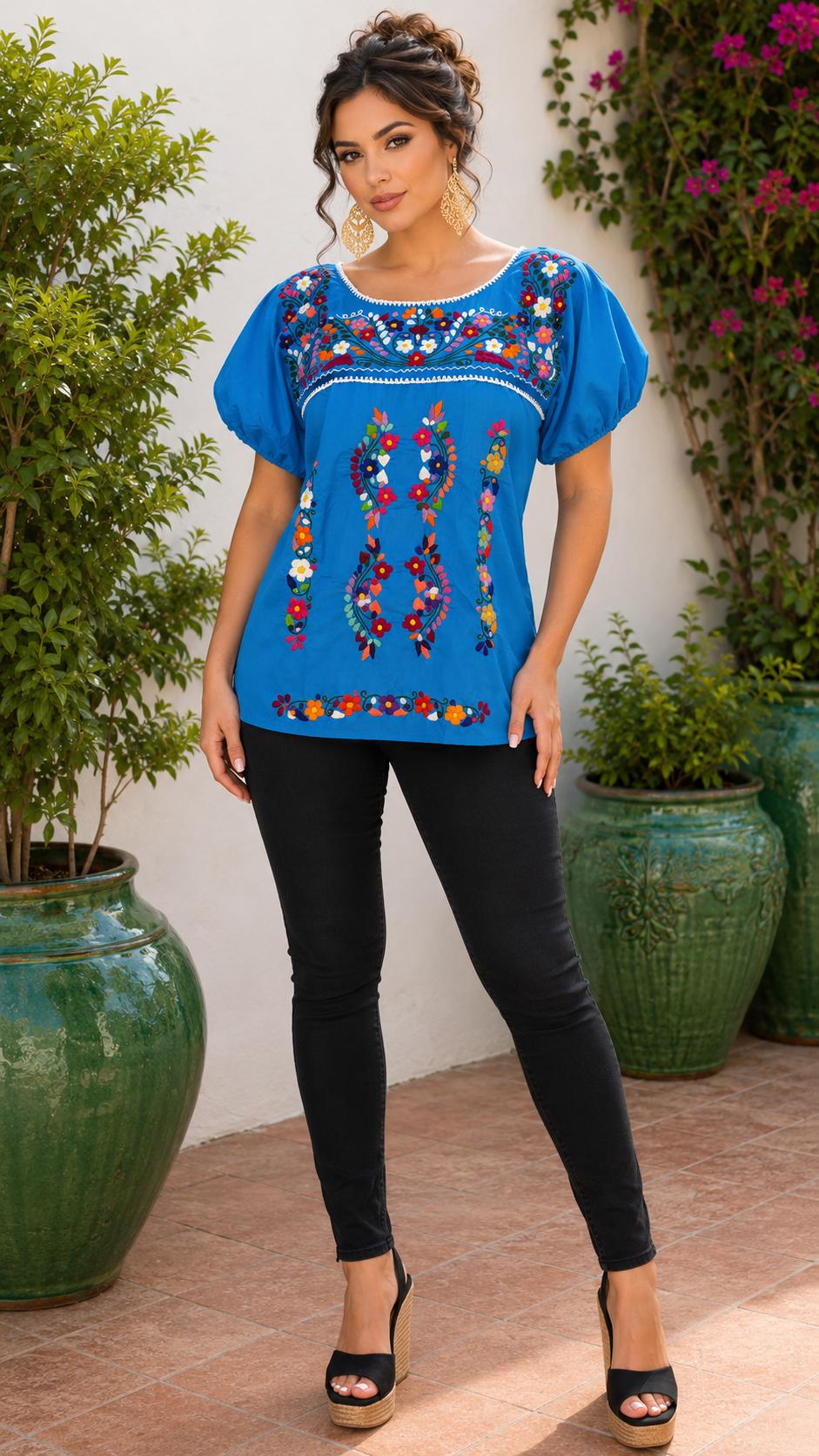 Image of Turquoise Hand Embroidered Mexican Blouse, Puebla Artisan Top with Extra Embroidery