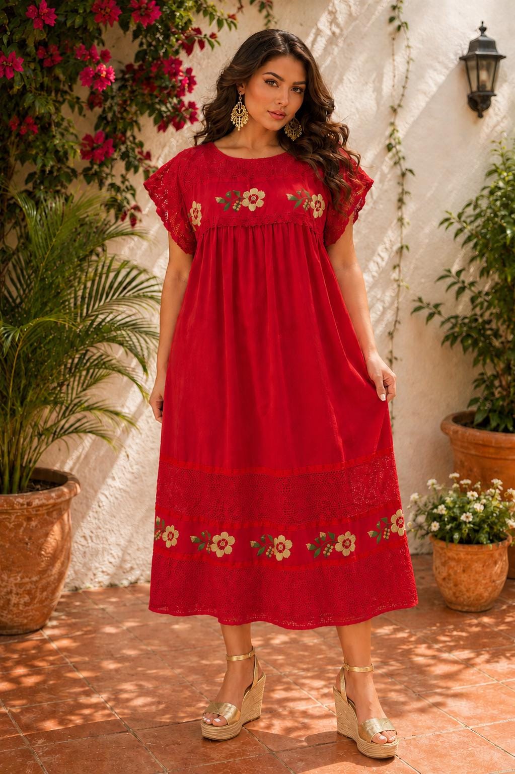 Image of Elena, Red Oaxaca Embroidered Dress, Mexican Muslin Huipil, Gold Silk Embroidery, Lace Midi Dress, Handmade Artisan Fiesta Folk Dress