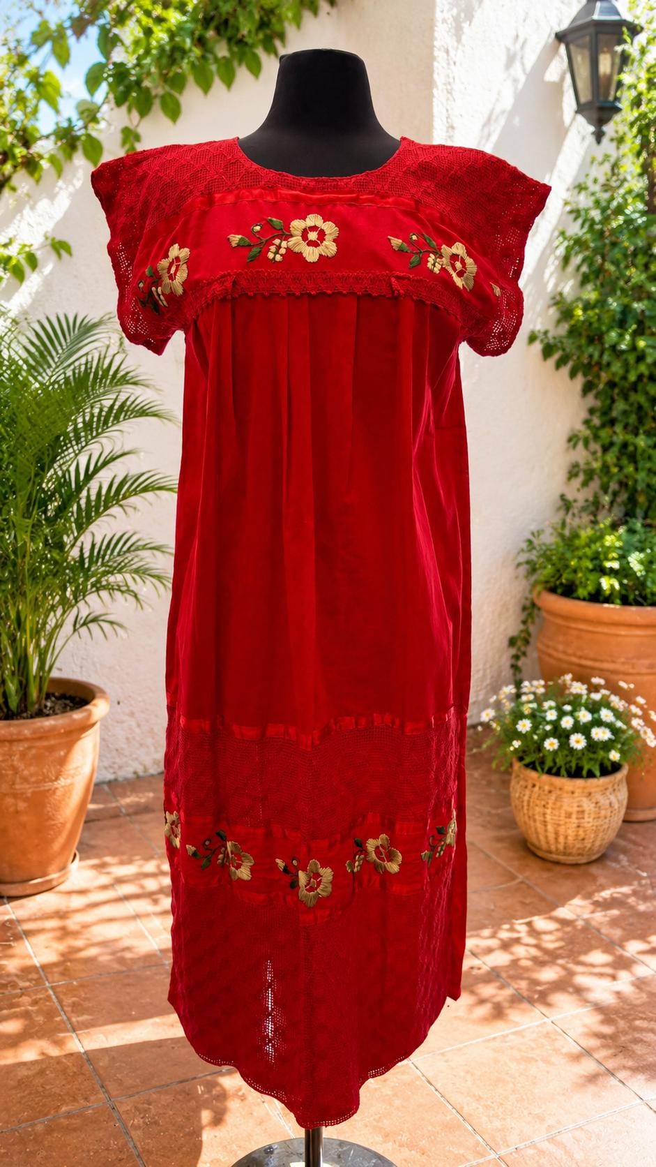 Image of Elena, Red Oaxaca Embroidered Dress, Mexican Muslin Huipil, Gold Silk Embroidery, Lace Midi Dress, Handmade Artisan Fiesta Folk Dress