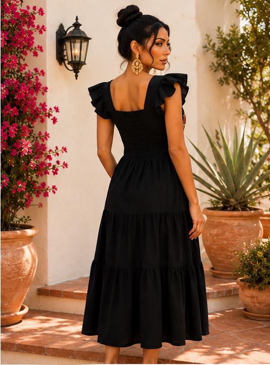 Image of Monna Mexican Embroidered Dress Medium, Black Floral Midi Dress, Fiesta Wedding Guest Outfit, Oaxaca Style Cocktail Cruise Dress