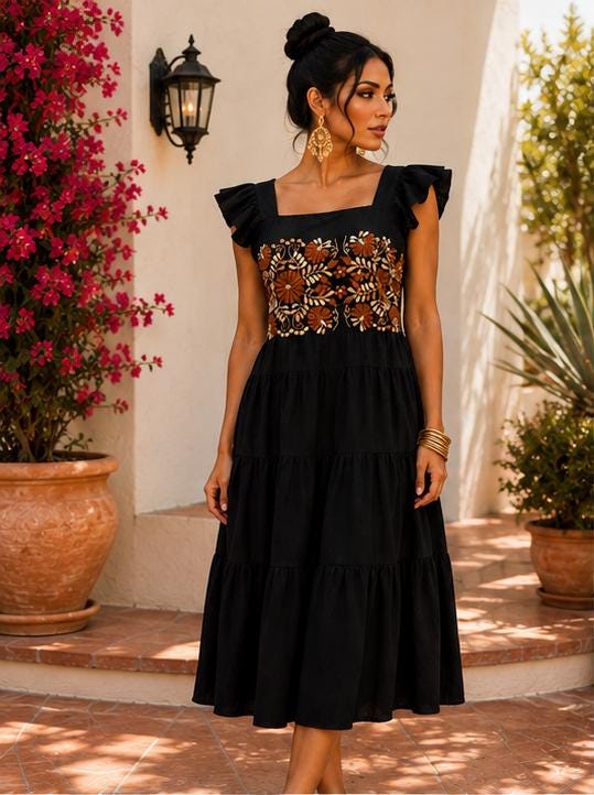 Image of Monna Mexican Embroidered Dress Medium, Black Floral Midi Dress, Fiesta Wedding Guest Outfit, Oaxaca Style Cocktail Cruise Dress
