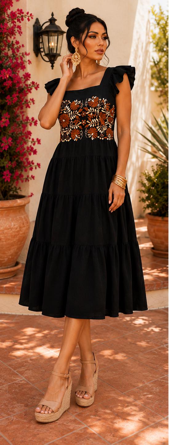 Image of Monna Mexican Embroidered Dress Medium, Black Floral Midi Dress, Fiesta Wedding Guest Outfit, Oaxaca Style Cocktail Cruise Dress