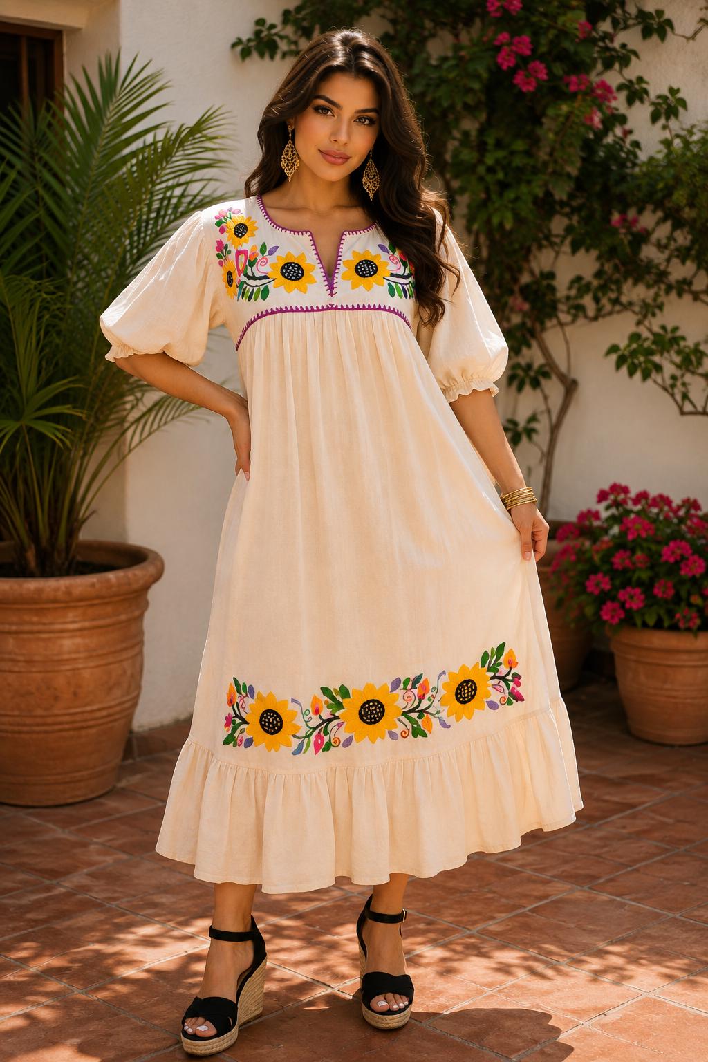 Image of Alma Beige, Handmade Embroidered Maxi Dress, Puebla Mexico, Maternity, Baby Shower, Resort Wear