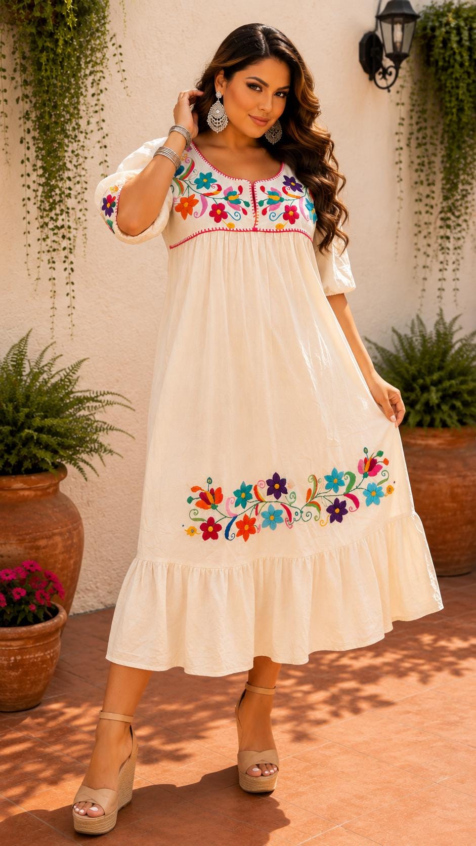 Image of Alma Beige, Floral, Handmade Embroidered Maxi Dress, Puebla Mexico, Maternity, Baby Shower, Resort Wear