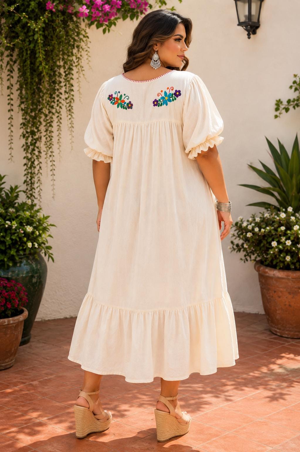 Image of Alma Beige, Floral, Handmade Embroidered Maxi Dress, Puebla Mexico, Maternity, Baby Shower, Resort Wear