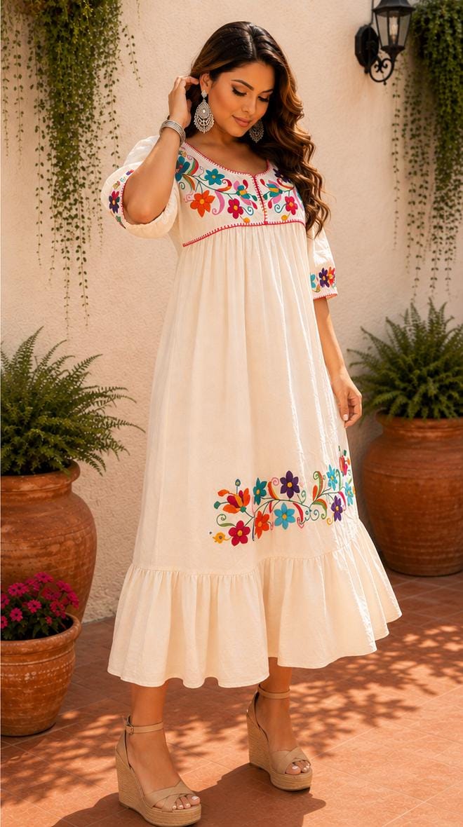 Image of Alma Beige, Floral, Handmade Embroidered Maxi Dress, Puebla Mexico, Maternity, Baby Shower, Resort Wear