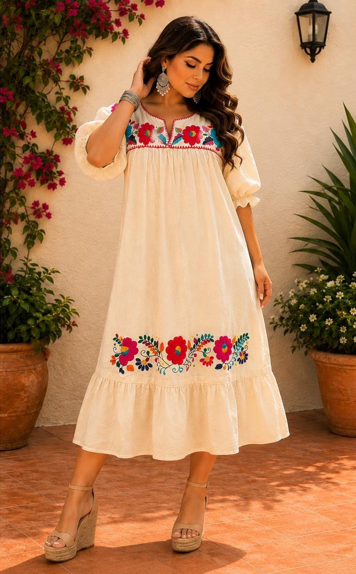 Image of Alma Beige, 2nd Floral Design, Handmade Embroidered Maxi Dress, Puebla Mexico, Maternity, Baby Shower, Resort Wear