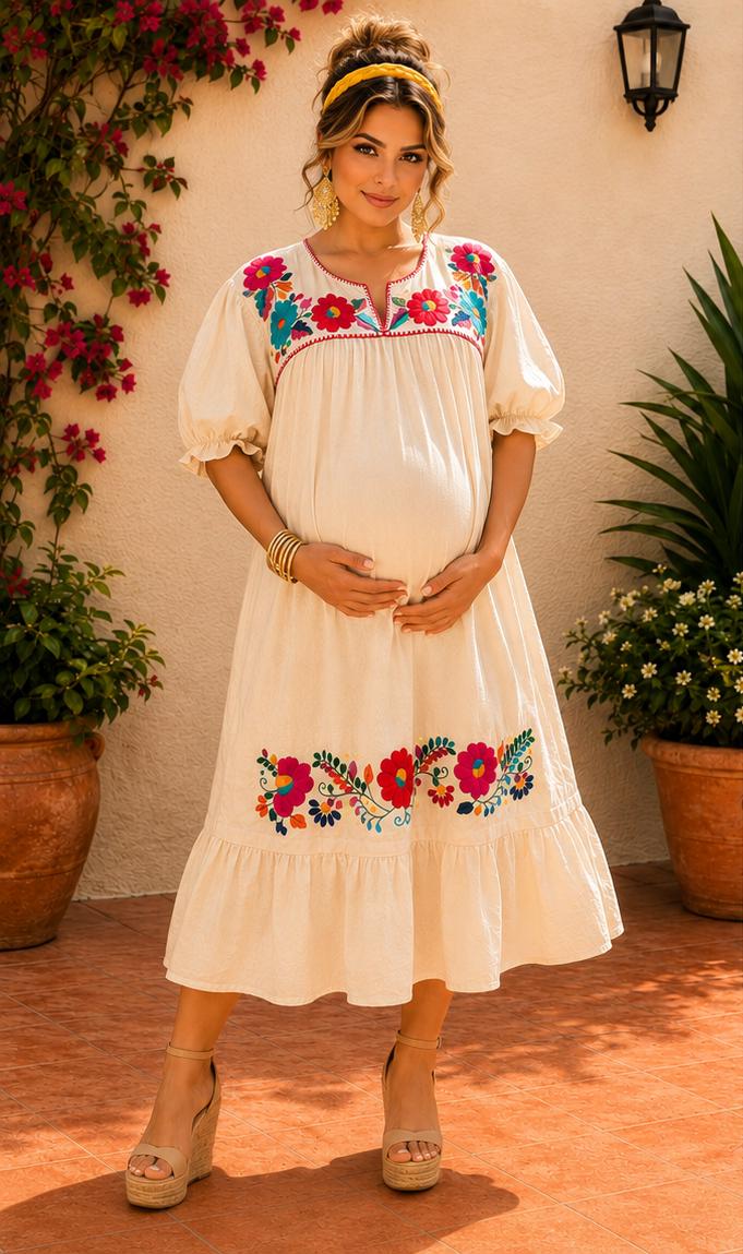 Image of Alma Beige, 2nd Floral Design, Handmade Embroidered Maxi Dress, Puebla Mexico, Maternity, Baby Shower, Resort Wear
