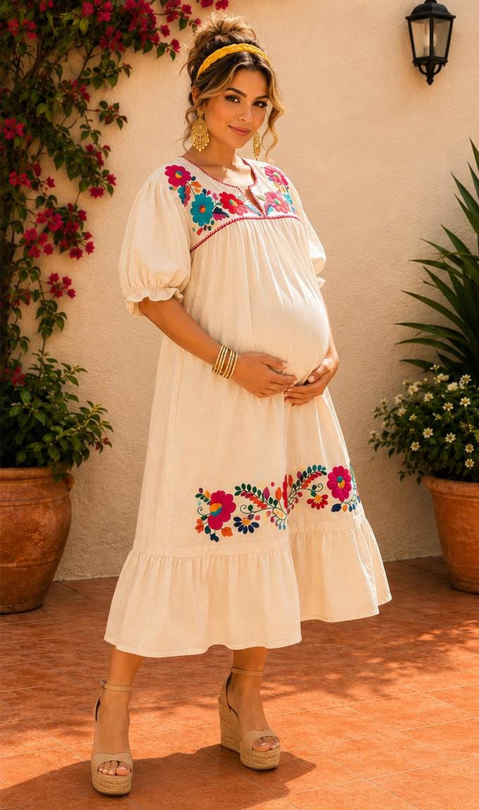 Image of Alma Beige, 2nd Floral Design, Handmade Embroidered Maxi Dress, Puebla Mexico, Maternity, Baby Shower, Resort Wear