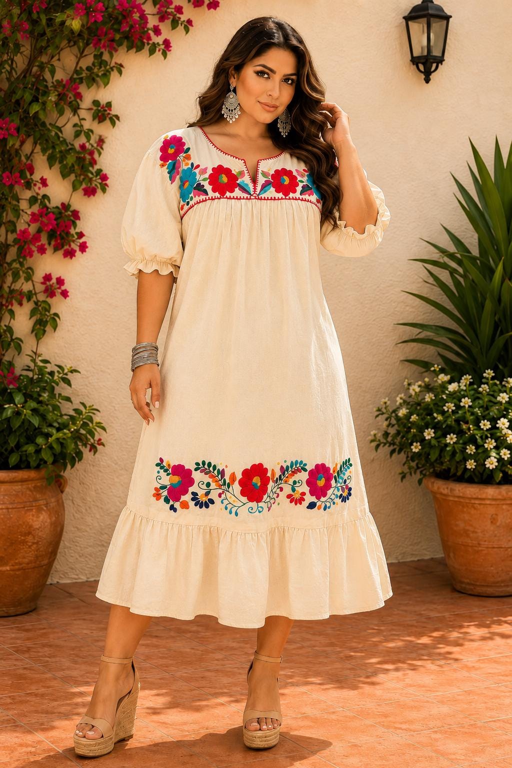 Image of Alma Beige, 2nd Floral Design, Handmade Embroidered Maxi Dress, Puebla Mexico, Maternity, Baby Shower, Resort Wear