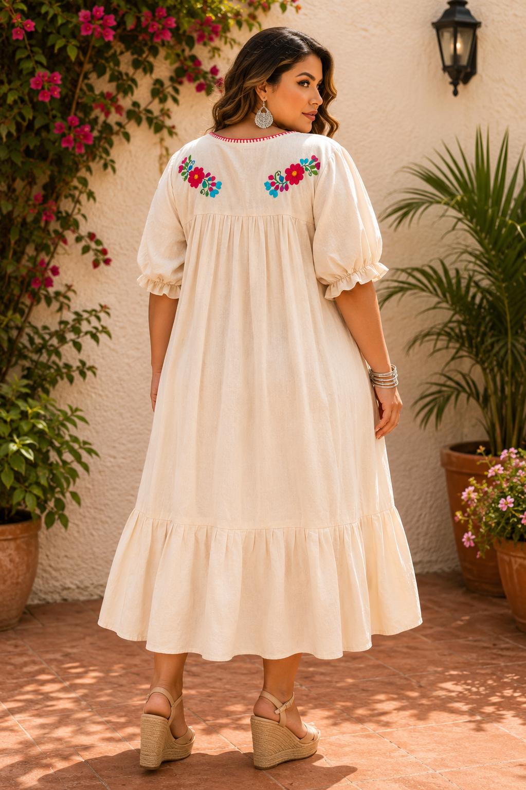 Image of Alma Beige, 2nd Floral Design, Handmade Embroidered Maxi Dress, Puebla Mexico, Maternity, Baby Shower, Resort Wear