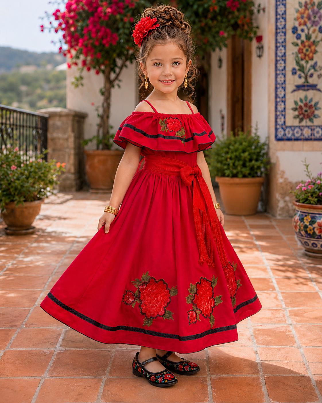 Image of Pao, Girls Red Mexican Folkloric Dress, Floral Embroidered Fiesta Dress, Pageant Outfit, Cultural Dance Dress, Mexican Heritage Gown