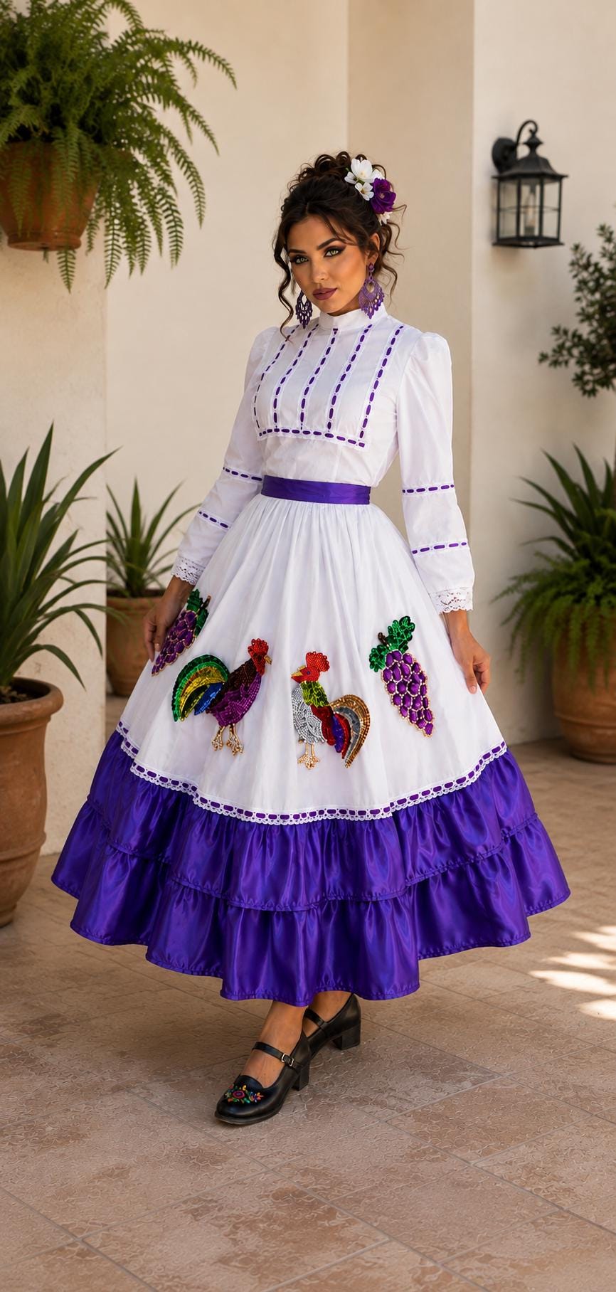 Image of Aguascalientes Folklorico Dress Small, Mexican Folk Dance Costume, Rooster Sequin Dress, Quinceañera Pageant Cultural Outfit