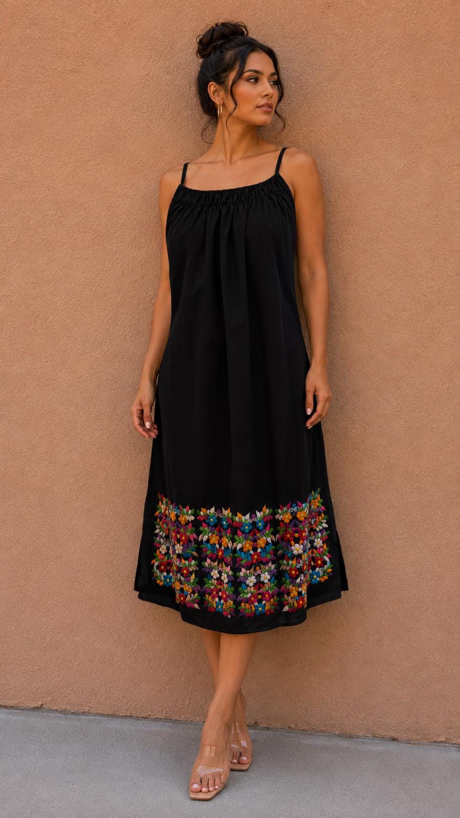 Image of Linda 1X Mexican Spaghetti Dress, Floral Print Maxi Dress, Multicolor Embroidered, Fiesta Party, Date Night, Summer Dress, Cocktail night