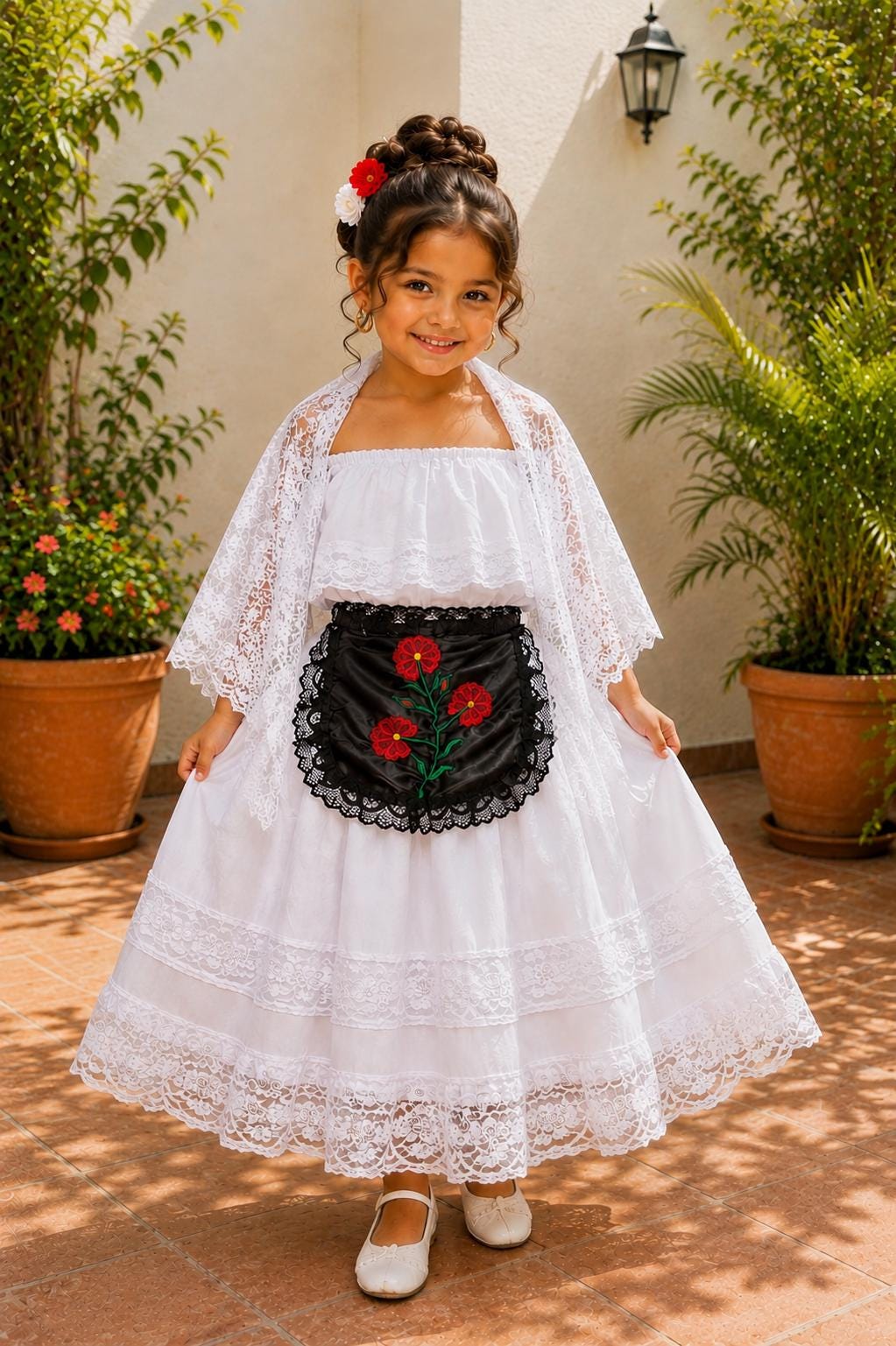 Image of Girls Veracruzano, 4 Piece Mexican Folk Dance Outfit, White Jarocha Costume, Embroidered Apron, Cultural Festival Attire for Girls