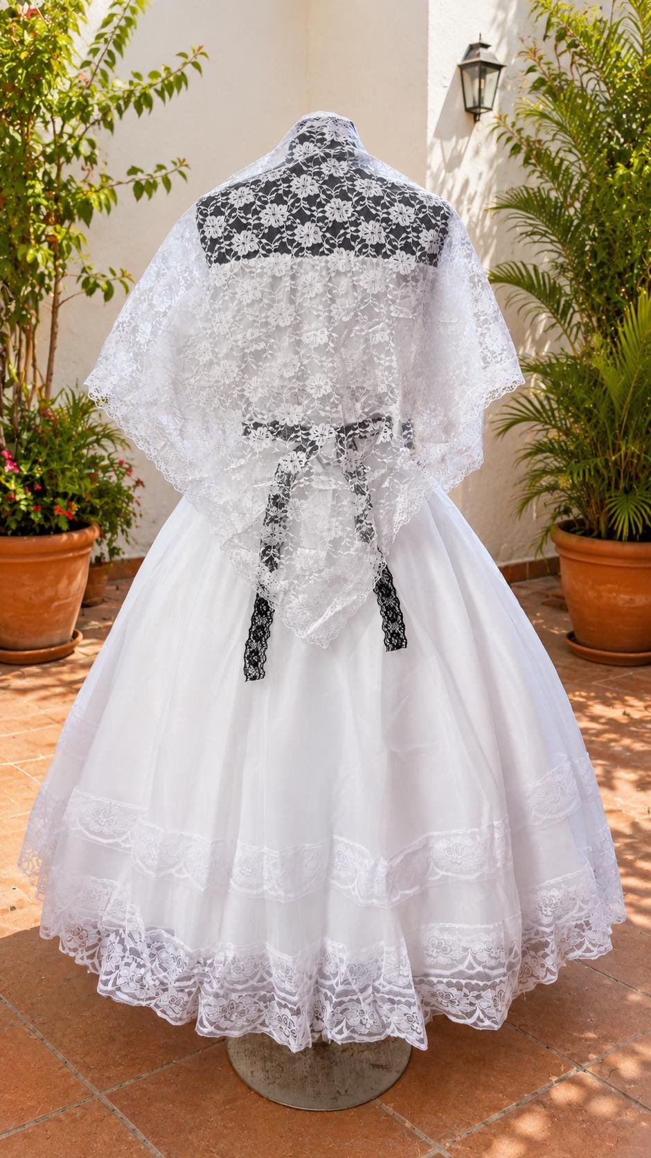 Image of Girls Veracruzano, 4 Piece Mexican Folk Dance Outfit, White Jarocha Costume, Embroidered Apron, Cultural Festival Attire for Girls