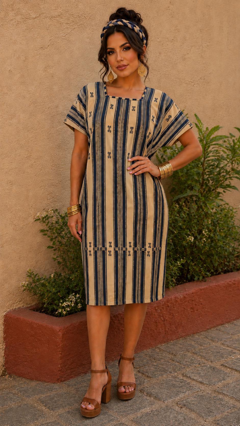 Image of Handmade Oaxaca Huipil Dress | Khaki & Navy blue colors Artisan Mexican Tunic, Boho Resort Wear