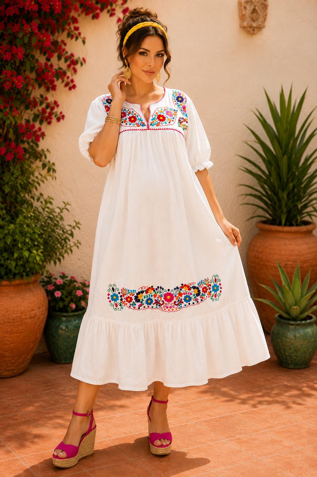 Image of Alma-White4, Handmade Embroidered Maxi Dress, Puebla Mexico, Maternity, Baby Shower, Resort Wear, Gender Reveal, Mother to be.