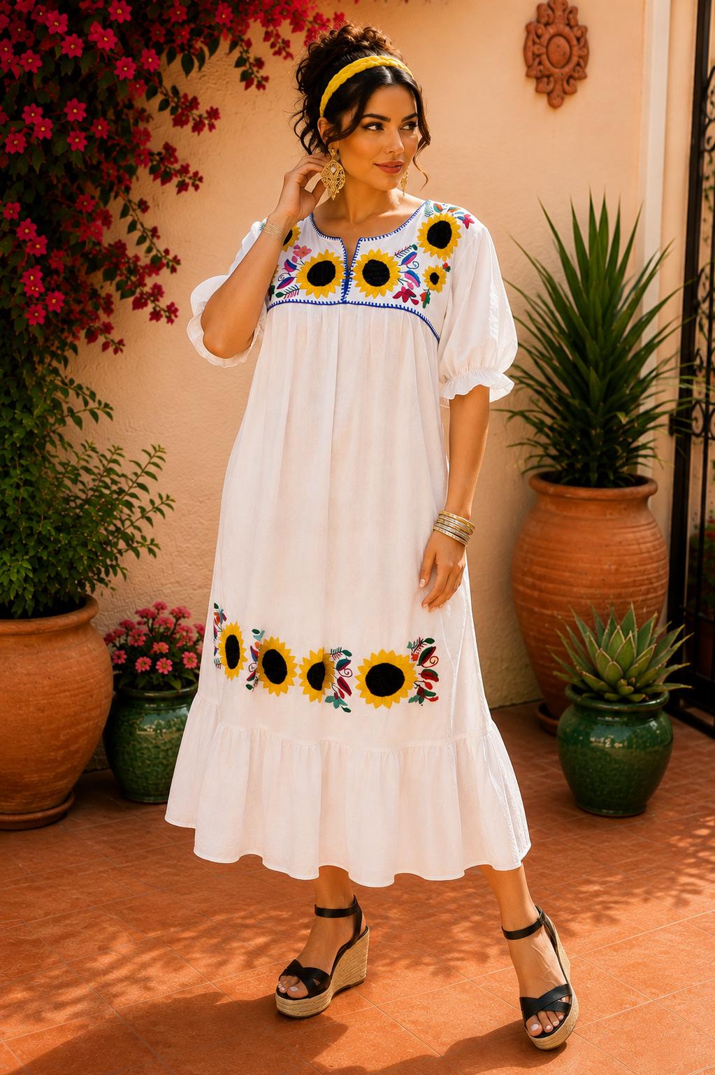 Image of Alma-White3, Handmade Embroidered Maxi Dress, Sunflower design, Maternity, Baby Shower, Resort Wear, Gender Reveal, Mother to be, Large Size