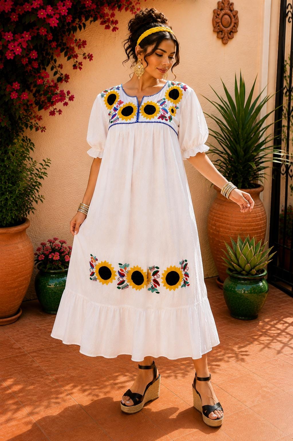 Image of Alma-White3, Handmade Embroidered Maxi Dress, Sunflower design, Maternity, Baby Shower, Resort Wear, Gender Reveal, Mother to be, Large Size