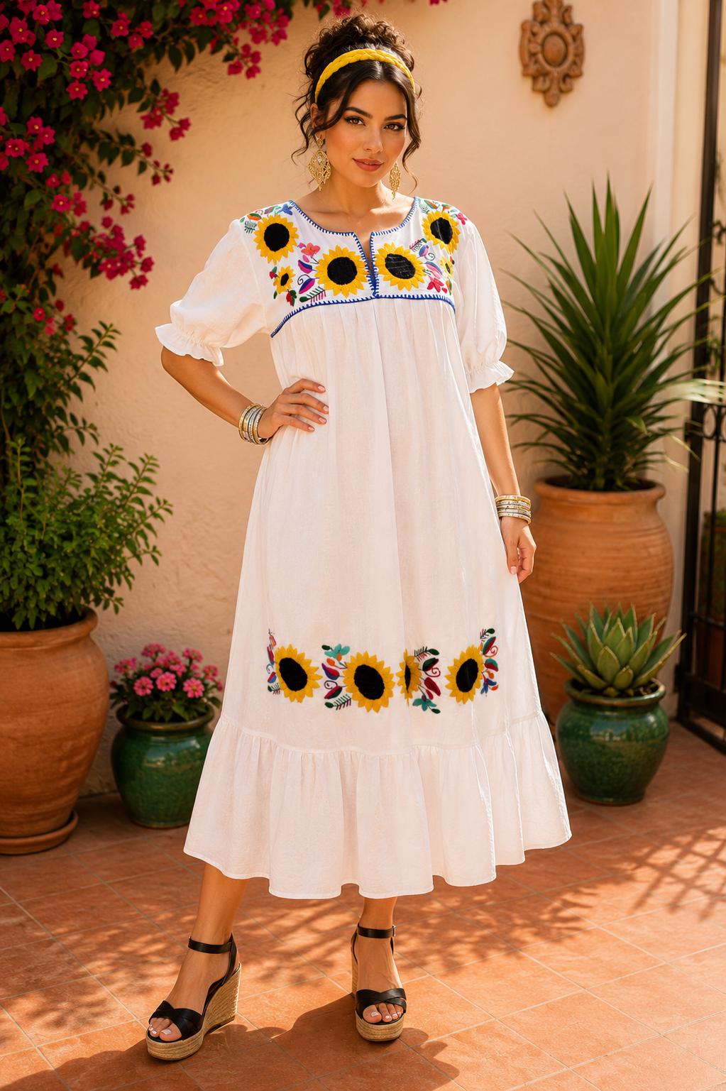 Image of Alma-White3, Handmade Embroidered Maxi Dress, Sunflower design, Maternity, Baby Shower, Resort Wear, Gender Reveal, Mother to be, Large Size