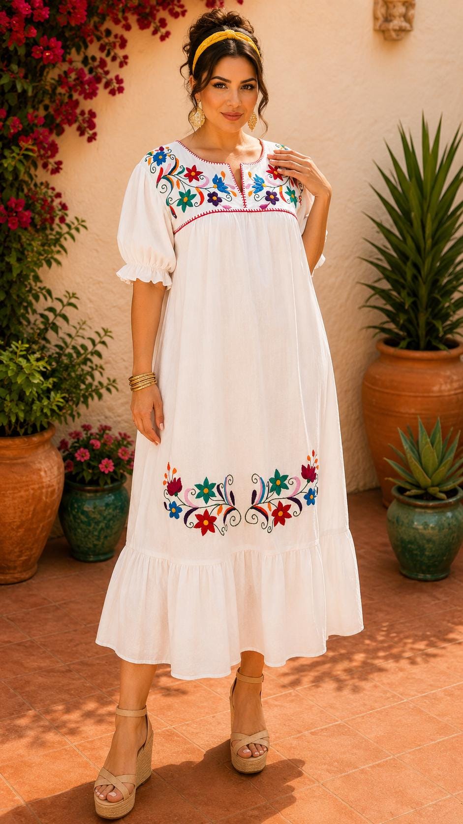 Image of Alma-white1, Handmade Embroidered Maternity Maxi Dress, Puebla Mexico, Floral Multicolor Artistry Design, Gender Reveal, Resort dress, Large