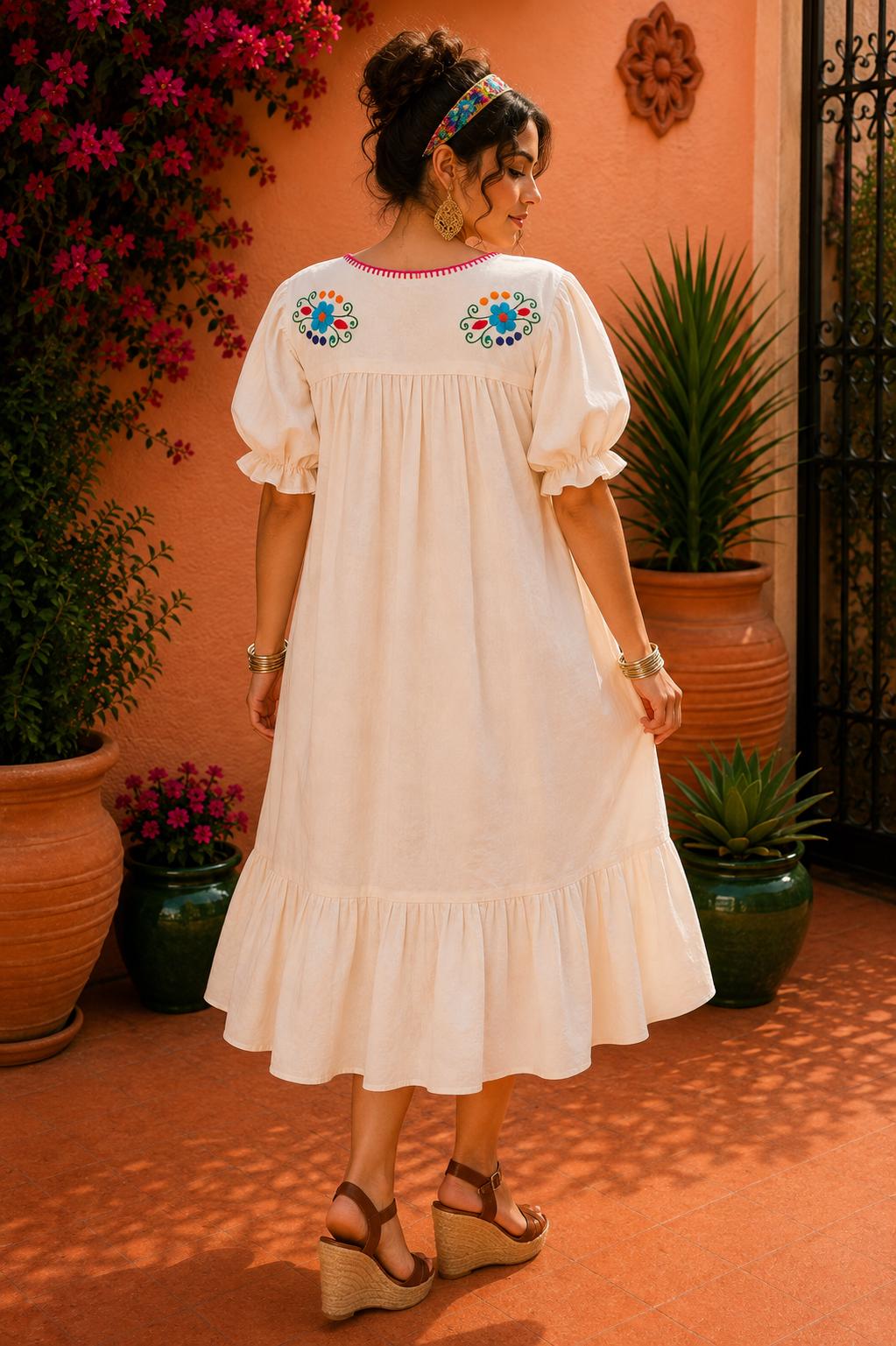 Image of Alma Beige1, Handmade Embroidered Maxi Dress, Puebla Mexico, Maternity, Baby Shower, Resort Wear, Resort dress, Vacation dress, XLarge size