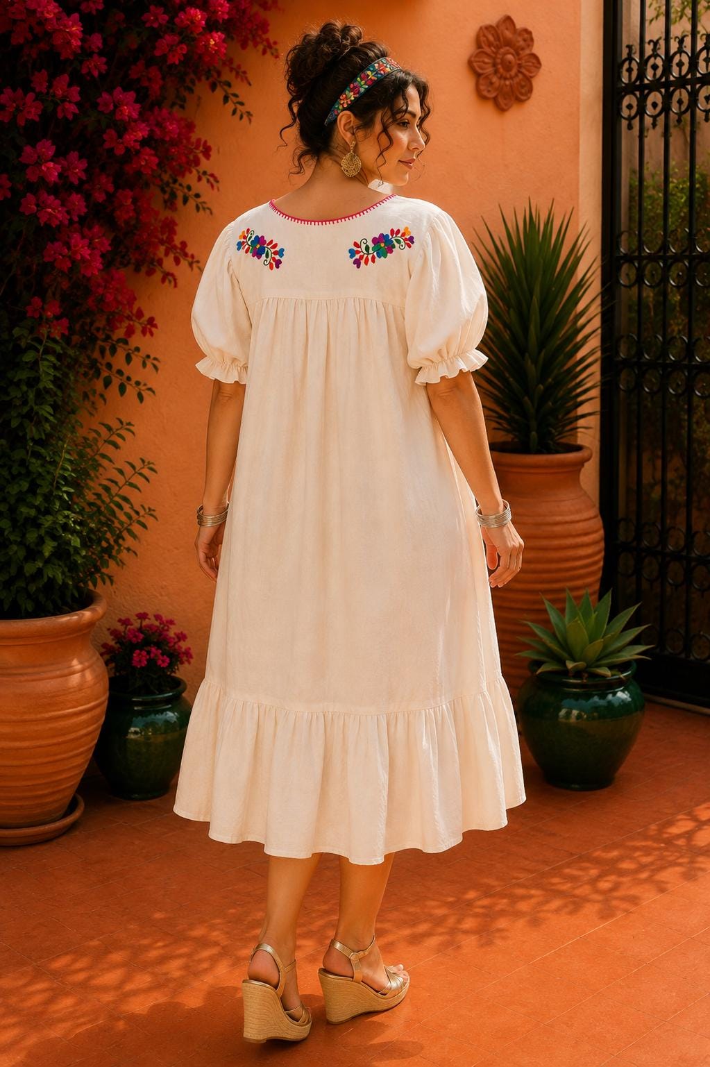 Image of Alma Beige2, Handmade Embroidered Maxi Dress, Puebla Mexico, Maternity, Baby Shower, Resort Wear, Resort dress, Vacation dress, XLarge size
