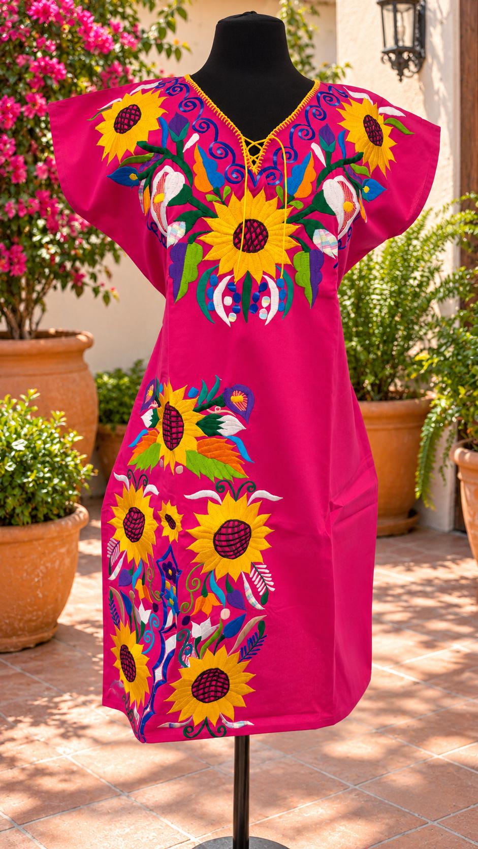 Image of Sunflower Mexican Design Embroidered Dress | Boho Floral Fiesta Midi Dress | Traditional Mexican Dress | Medium size