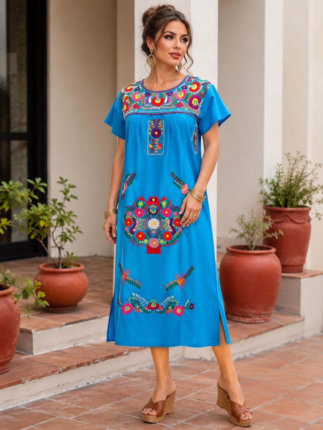 Image of Chanel Women's Long Hand Embroidered Mexican Puebla Dress style, Cultural events, Fiestas, Birthday gift, Cinco de Mayo