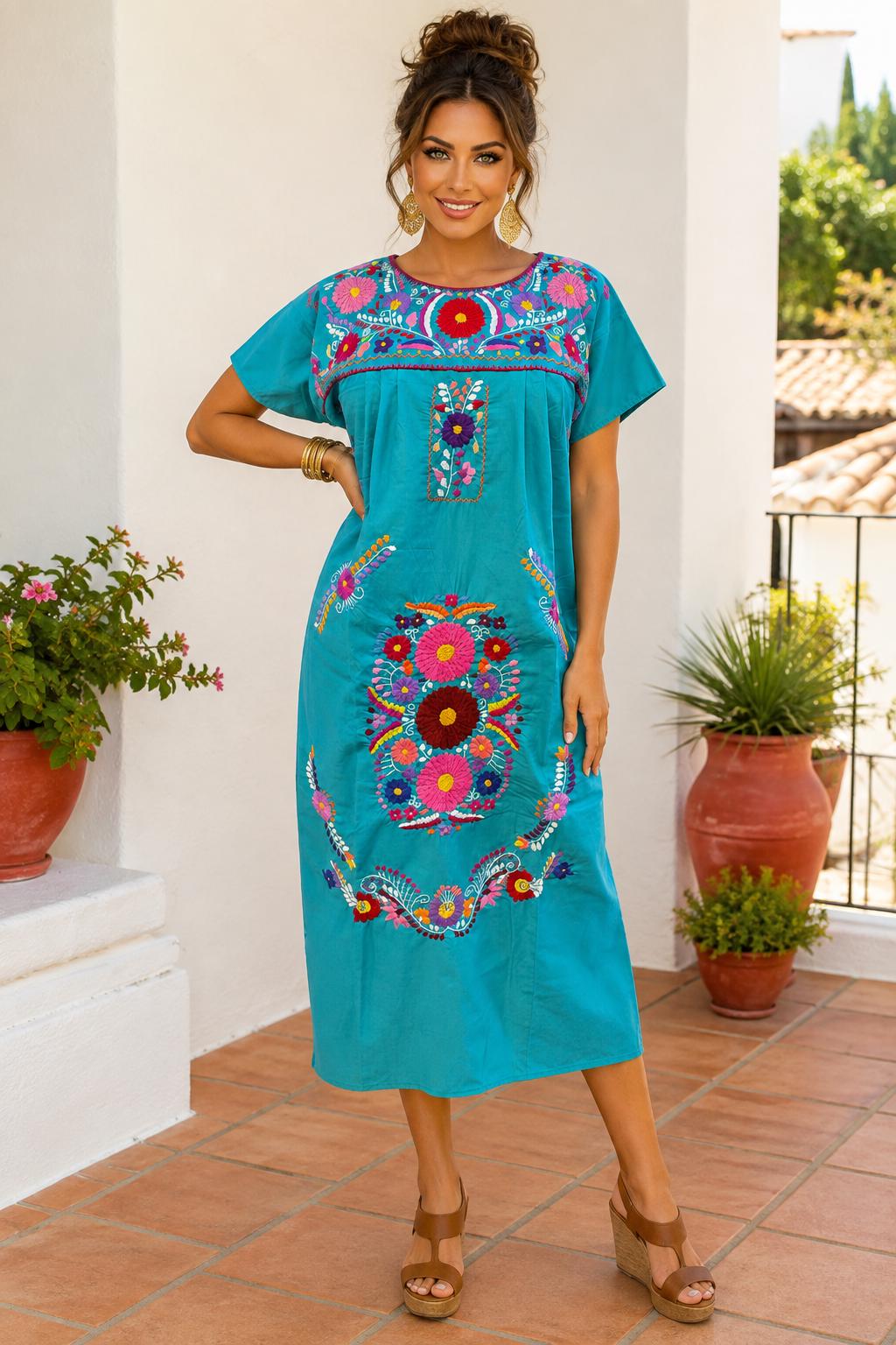Image of Chanel Women's Long Hand Embroidered Mexican Puebla Dress style, Cultural events, Fiestas, Birthday gift, Cinco de Mayo
