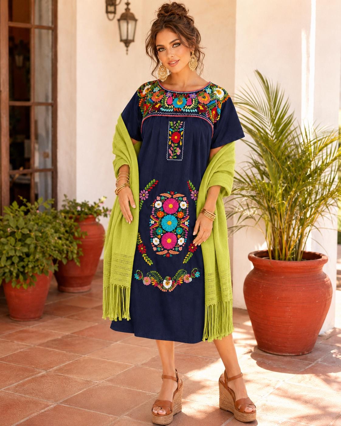 Image of Chanel Women's Long Hand Embroidered Mexican Puebla Dress style, Cultural events, Fiestas, Birthday gift, Cinco de Mayo