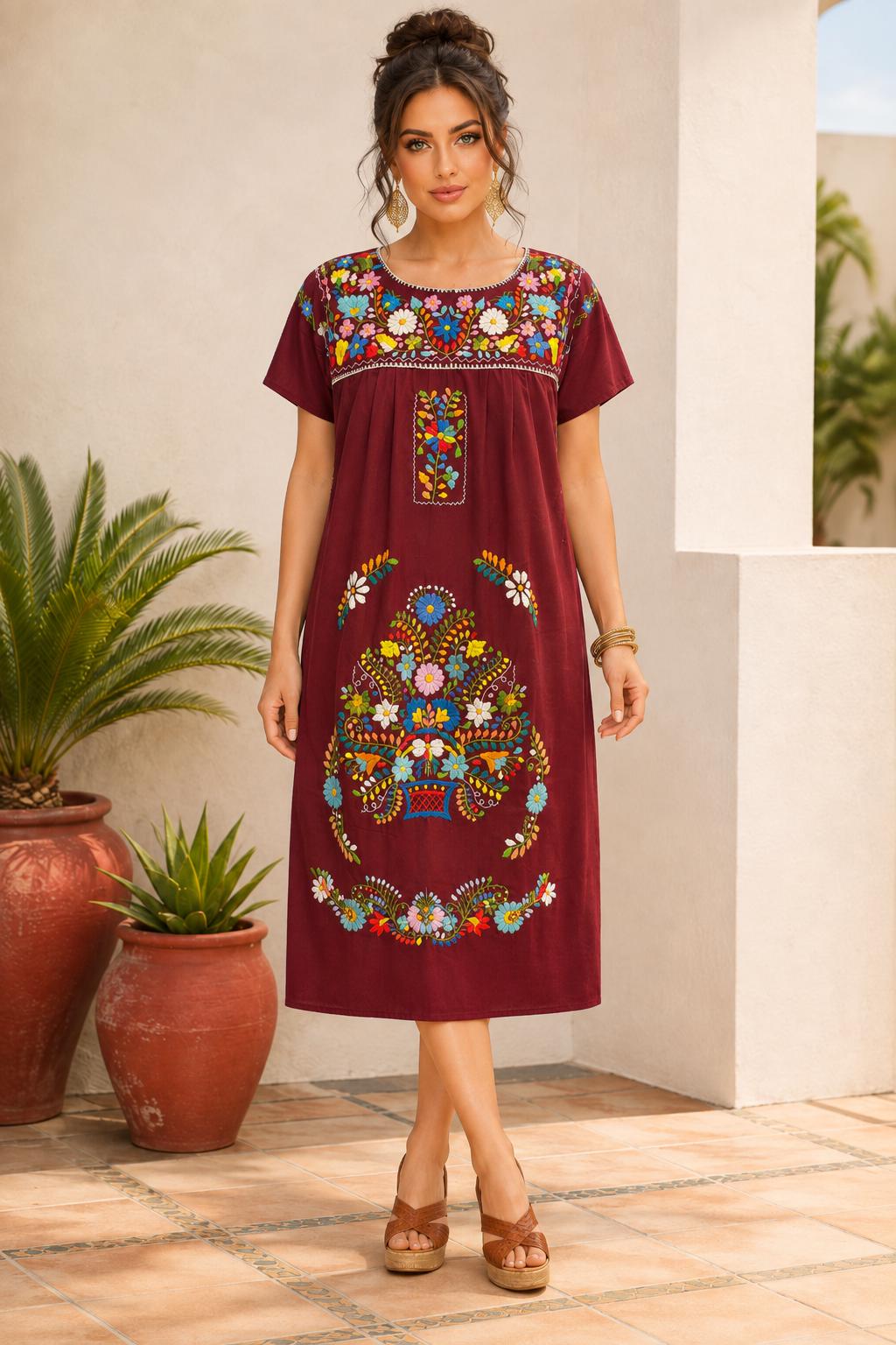 Image of Chanel Women's Long Hand Embroidered Mexican Puebla Dress style, Cultural events, Fiestas, Birthday gift, Cinco de Mayo