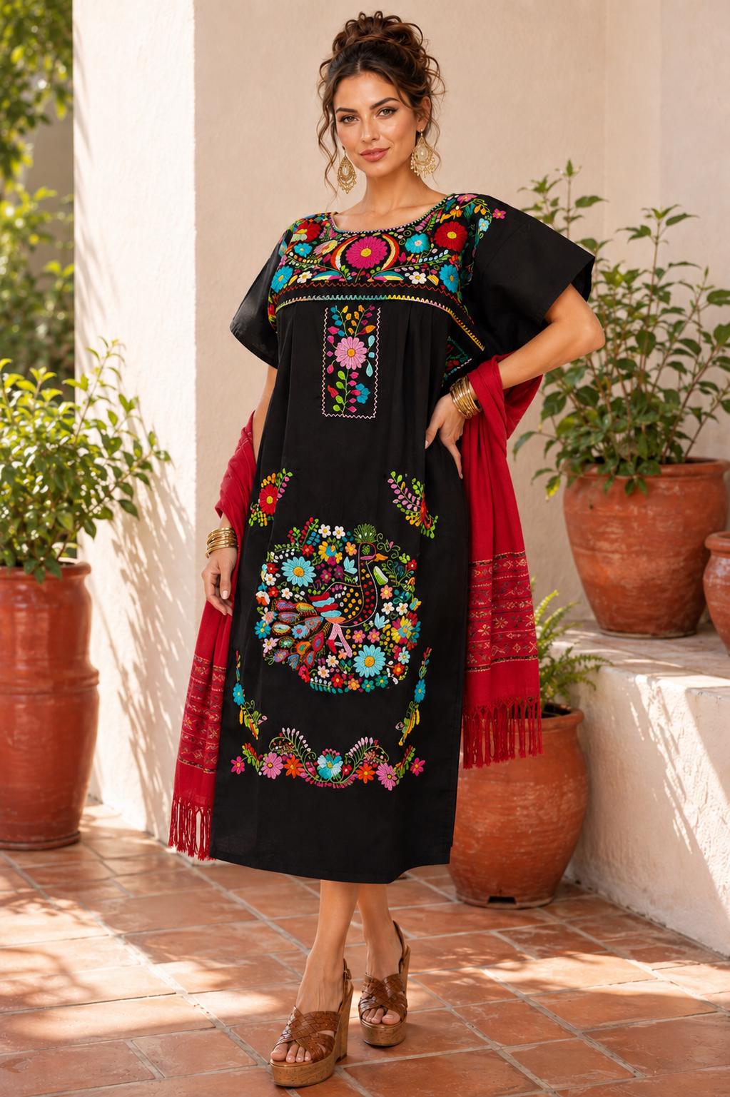 Image of Chanel Women's Long Hand Embroidered Mexican Puebla Dress style, Cultural events, Fiestas, Birthday gift, Cinco de Mayo