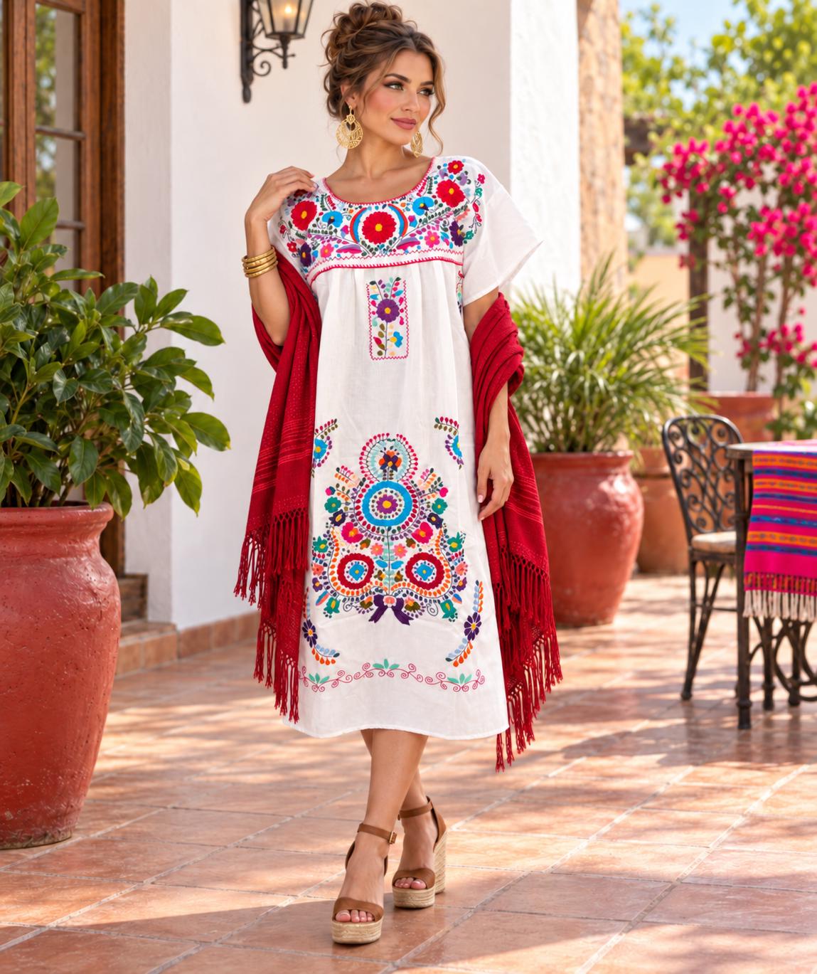 Image of Chanel Women's Long Hand Embroidered Mexican Puebla Dress style, Cultural events, Fiestas, Birthday gift, Cinco de Mayo