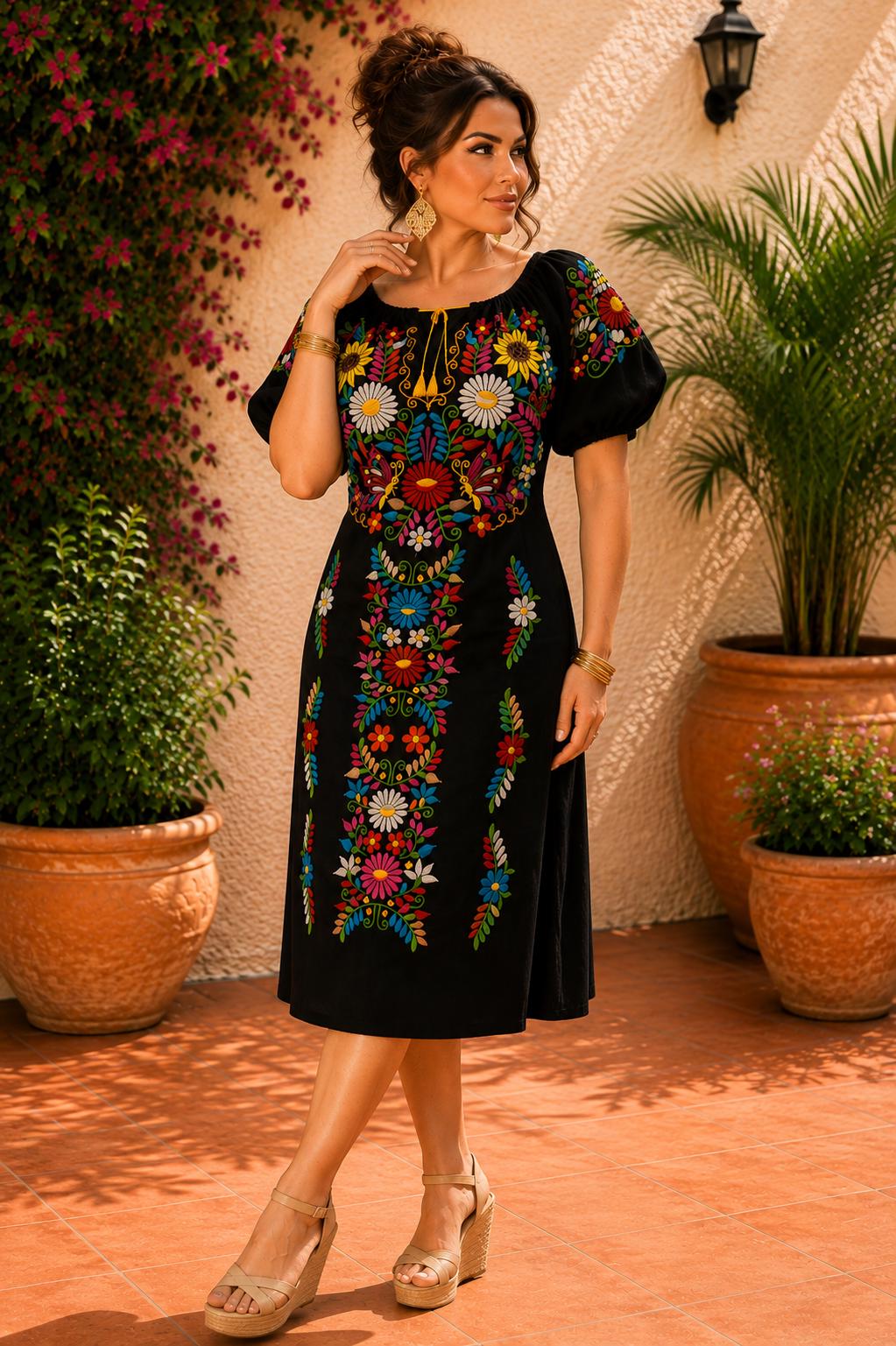 Image of Black Mexican Embroidered Floral Dress “Dana”–Puebla Inspired Fiesta Dress