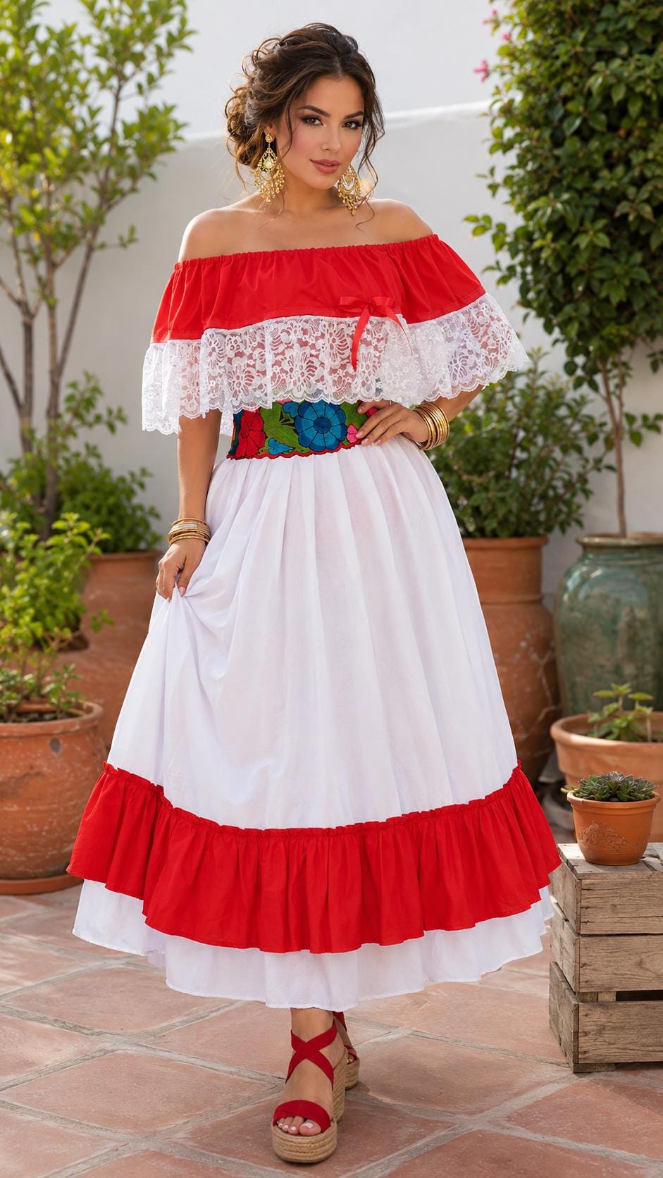Image of Mexican Folklorico Dance 3 Piece Costume - Vivi Outfit for Cinco de Mayo Celebration - Handmade Women's Outfit