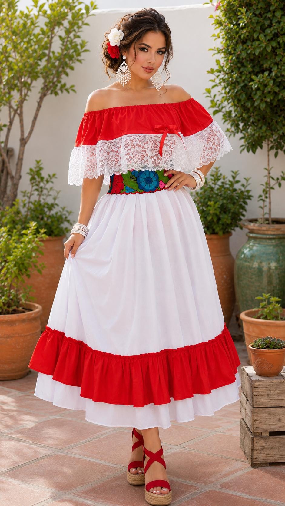 Image of Mexican Folklorico Dance 3 Piece Costume - Vivi Outfit for Cinco de Mayo Celebration - Handmade Women's Outfit