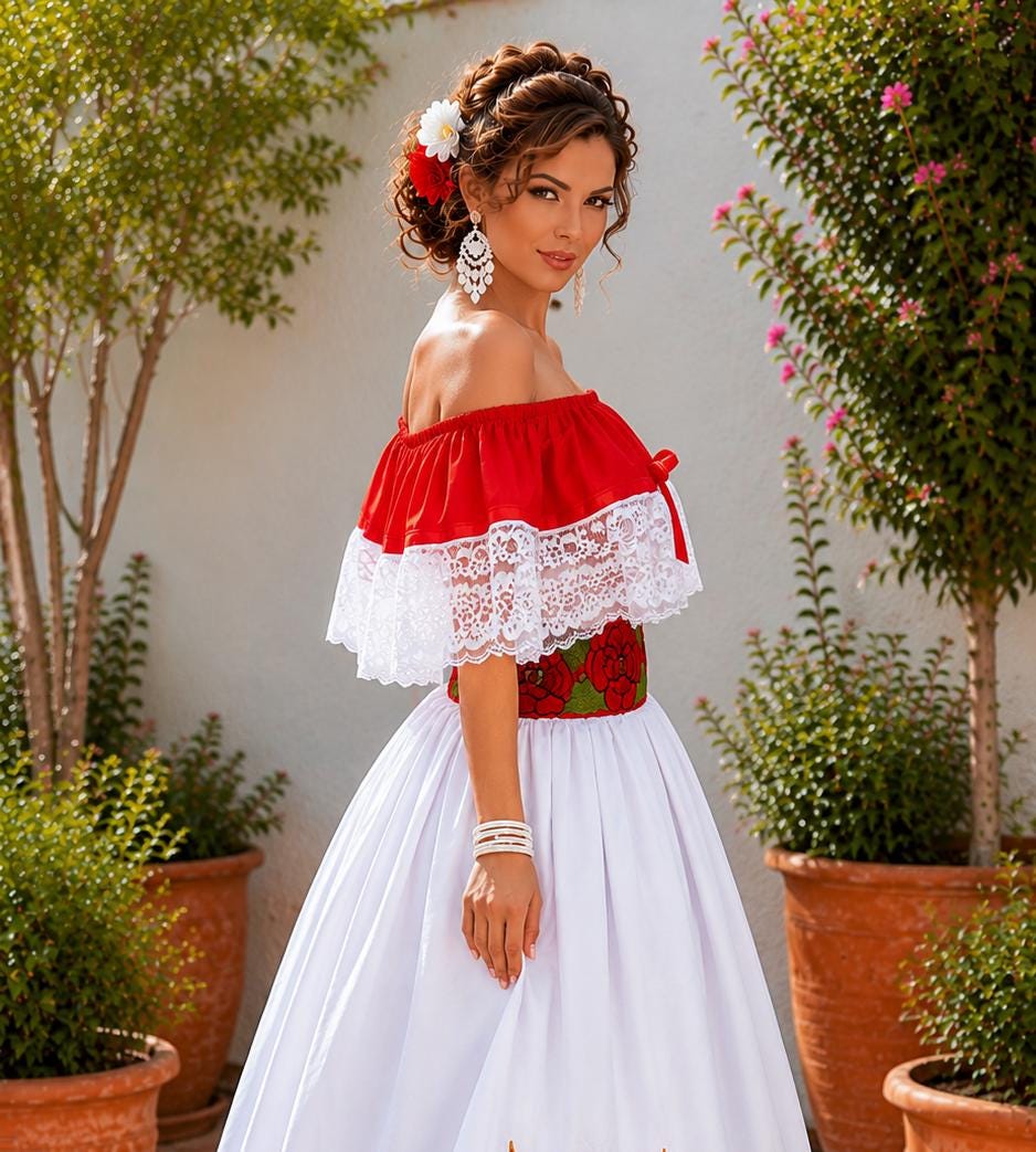 Image of Isabella, Mexican Folklorico Dance 3 Piece Costume - Vivi Outfit for Cinco de Mayo Celebration - Handmade Women's Outfit