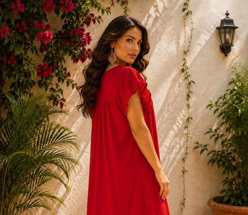 Image of Elena, Red Oaxaca Embroidered Dress, Mexican Muslin Huipil, Gold Silk Embroidery, Lace Midi Dress, Handmade Artisan Fiesta Folk Dress