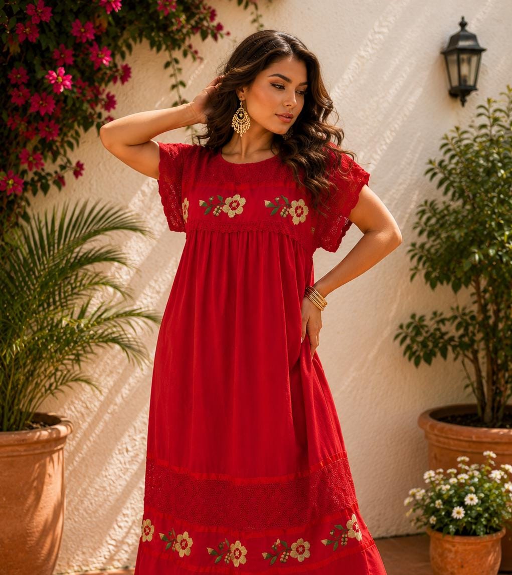 Image of Elena, Red Oaxaca Embroidered Dress, Mexican Muslin Huipil, Gold Silk Embroidery, Lace Midi Dress, Handmade Artisan Fiesta Folk Dress