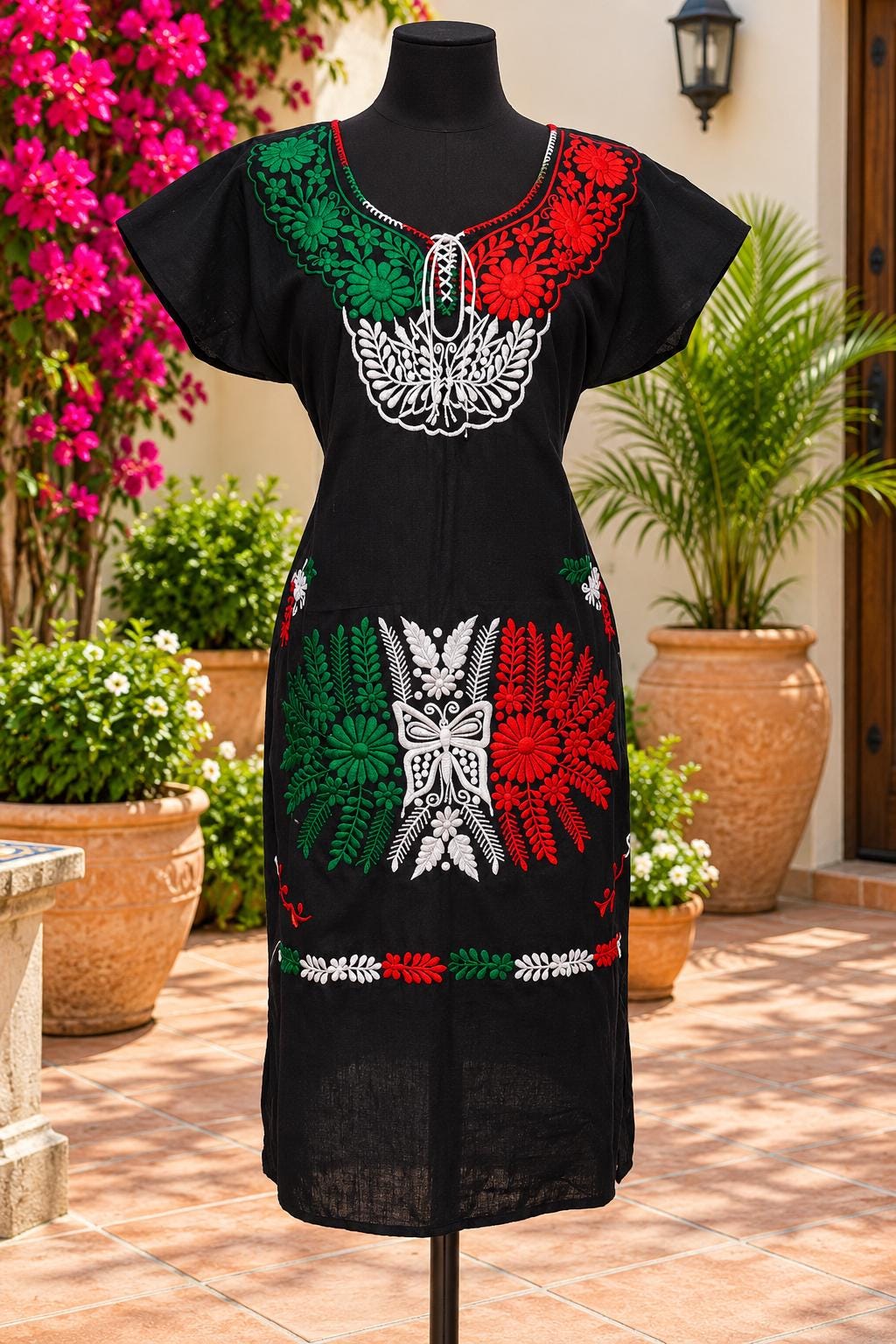 Image of dress with Gold color Embroidered Design – Artisanal Mexican Floral Design, Elegant Style